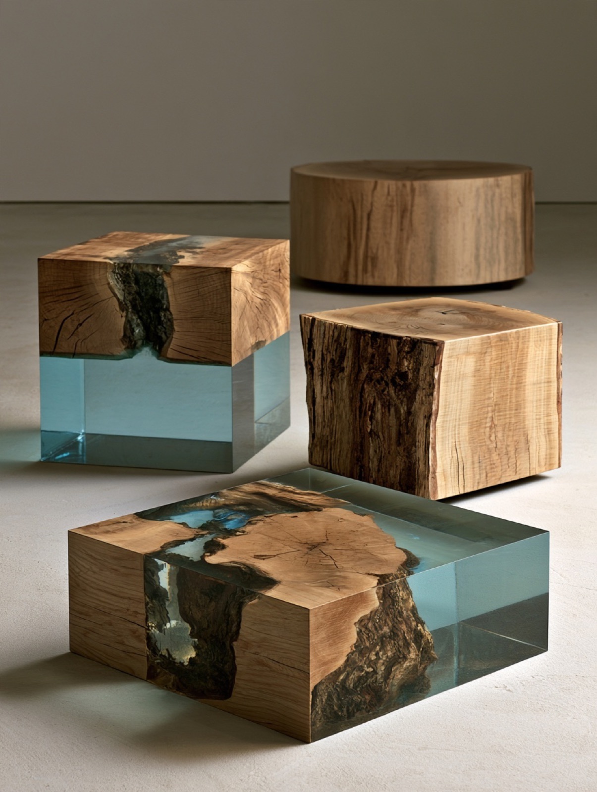 Wood and resin furniture demo image with embedded AI metadata